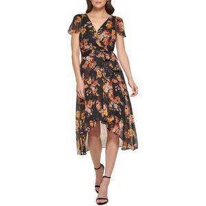 Like New DKNY Black Floral Hi-Low Midi Chiffon Dress Size 2